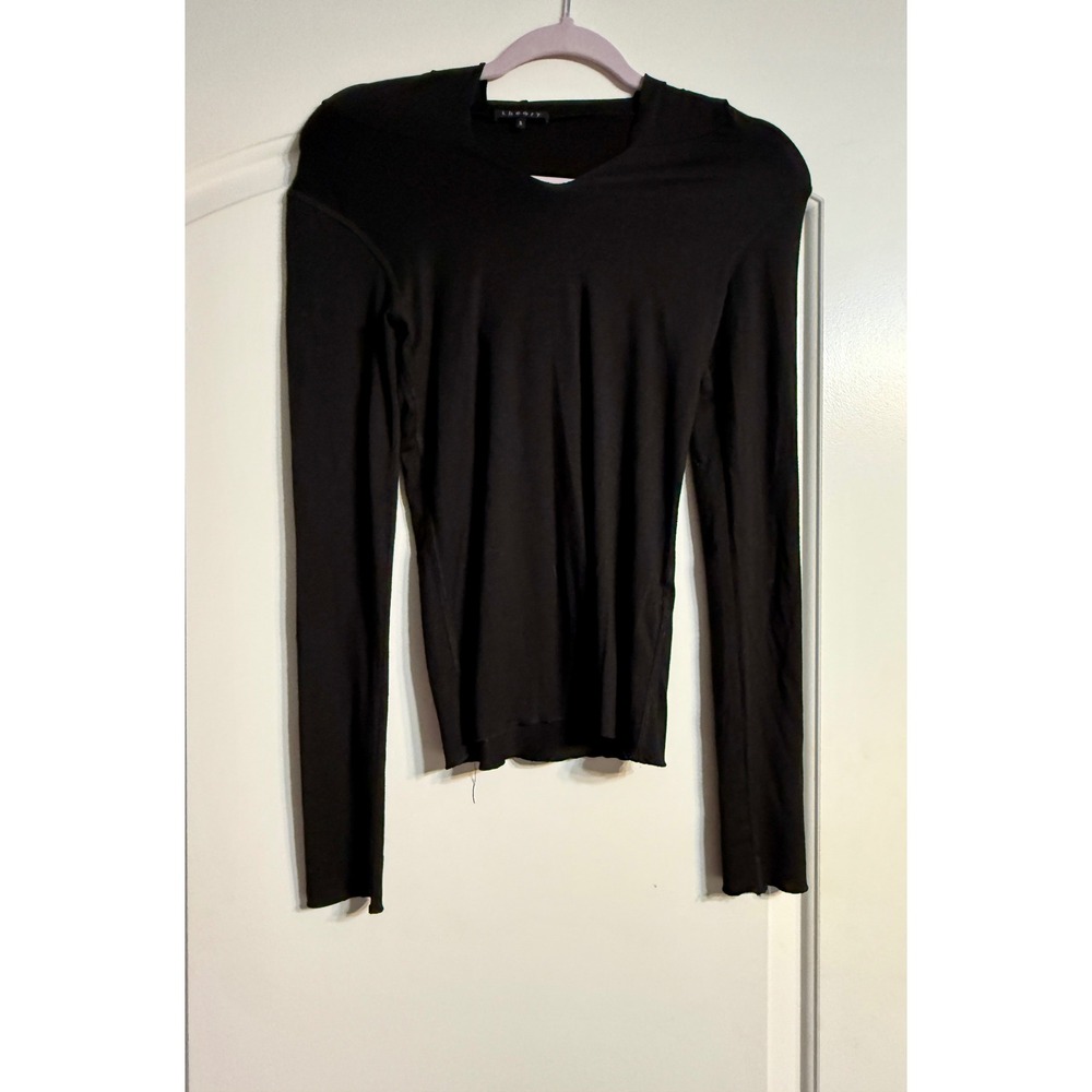 Theory Hoodie Top S Black V-Neck Long Sleeve Jersey Slim Fit Designer Luxury